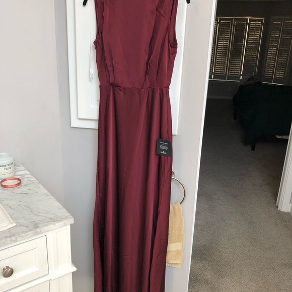 Lulus Classic Elegance Wine Satin Sleeveless Mock Neck Maxi Dress - Size XS - Picture 4 of 7